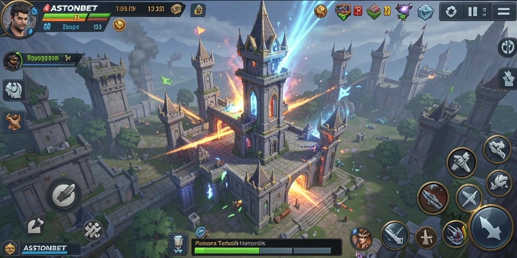Tampilan gameplay menakjubkan ASTONBET dengan berbagai menara dan musuh.