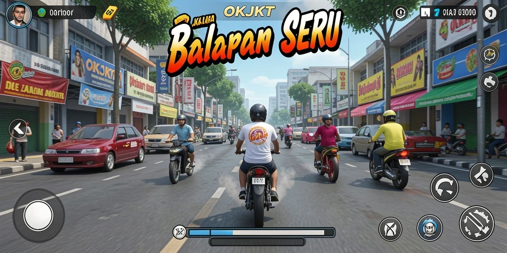Screenshot utama OKJKT menampilkan aksi balapan yang mendebarkan.