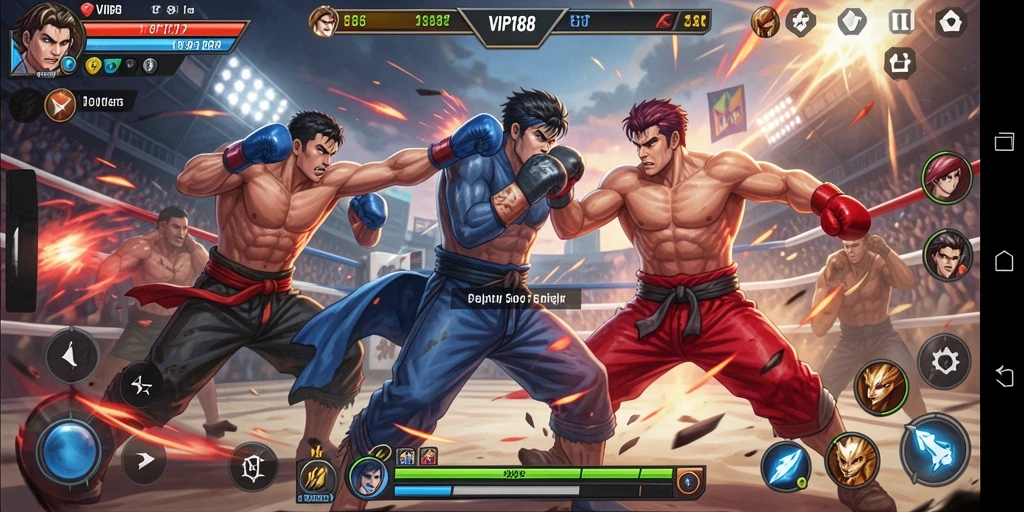 Gameplay VIP188 menampilkan pertarungan seru antar karakter unik.